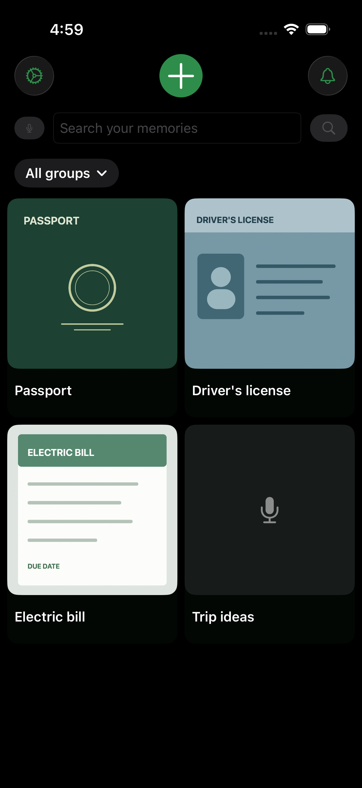 Simory's actual iPhone library screen, with fictional sample items